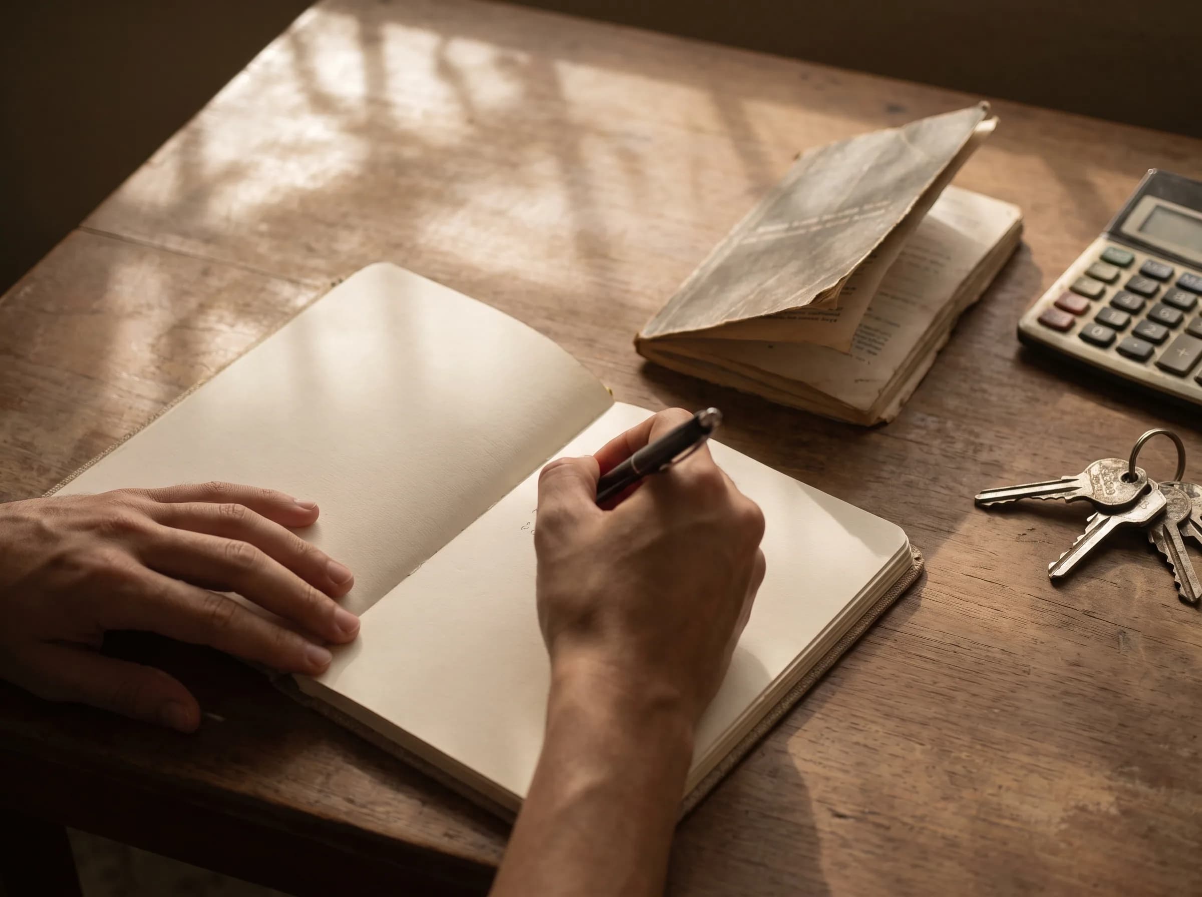 Hands taking notes in notebook next to condo regulations, calculator, and apartment keys on wooden table