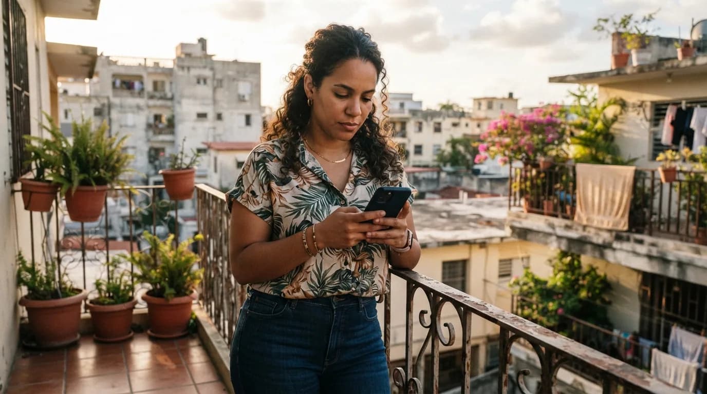 Mujer dominicana pensativa revisando su teléfono en el balcón de un apartamento en Naco, Santo Domingo, reflexionando sobre decisiones de vivienda