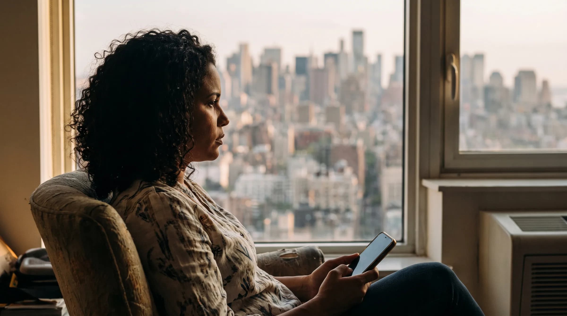 Mujer dominicana en su apartamento de Nueva York mirando por la ventana mientras consulta información en su teléfono, reflejando la nostalgia de quienes viven en el exterior y sueñan con invertir en República Dominicana