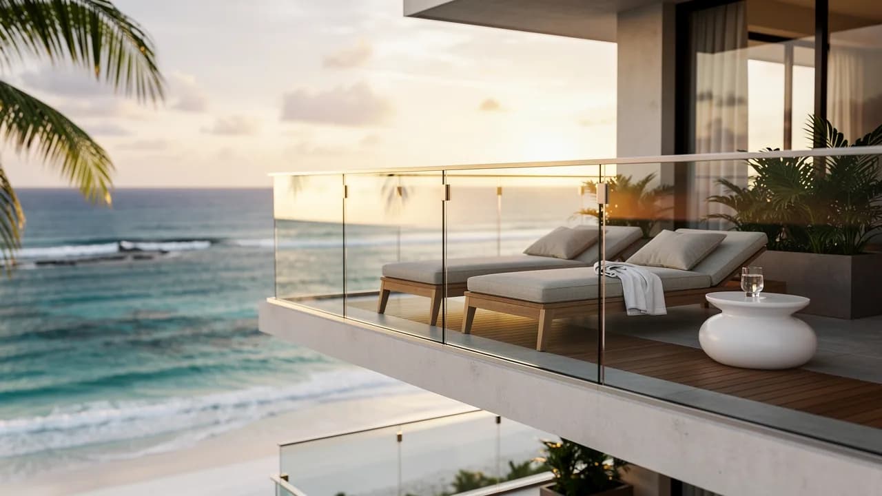 Apartamento moderno frente al mar en Punta Cana con vista panorámica al océano Caribe, representando las inversiones inmobiliarias de lujo en República Dominicana