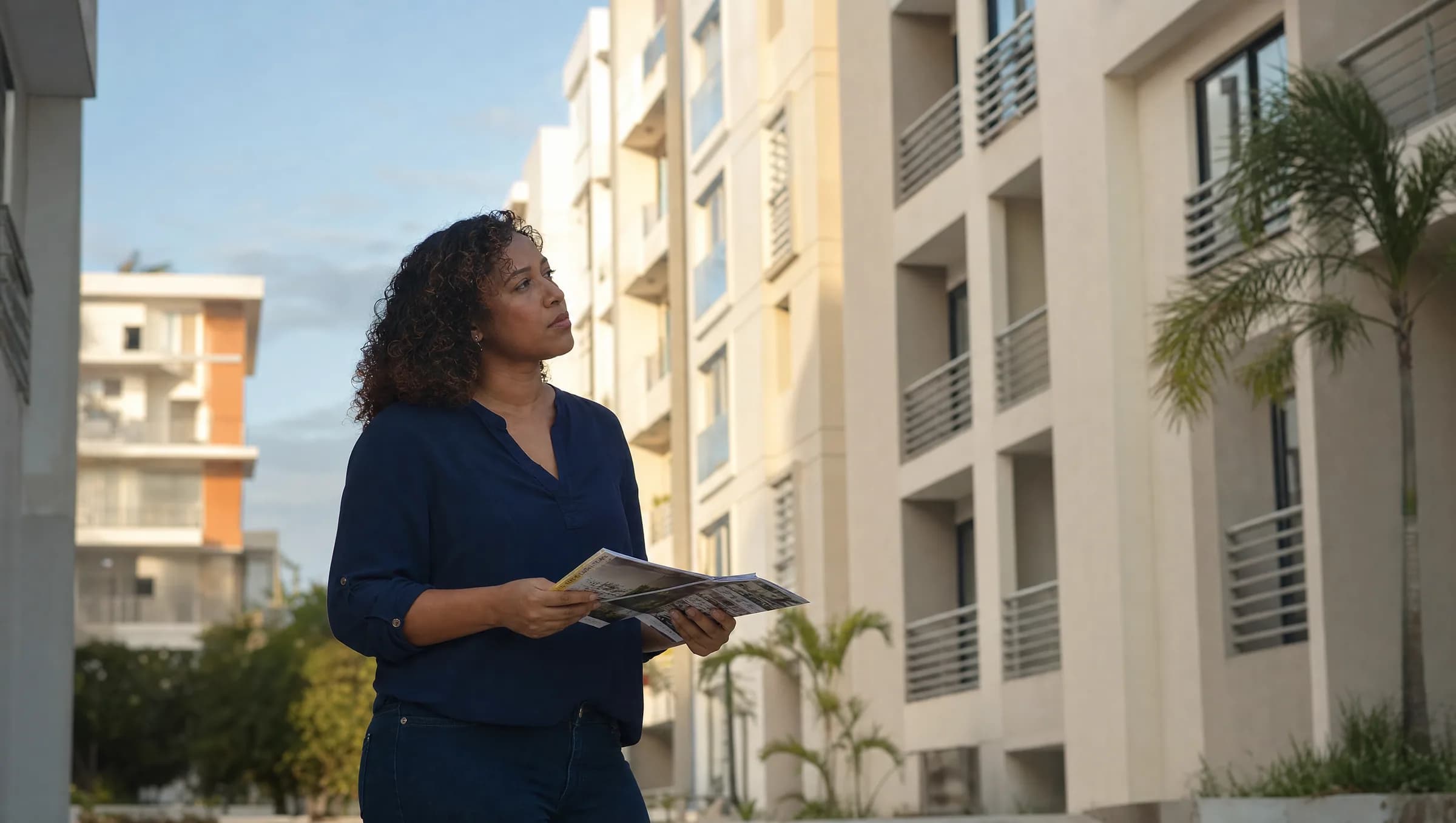 Mujer dominicana comparando opciones de apartamentos entre edificios residenciales en Santo Domingo Norte, sosteniendo folletos inmobiliarios
