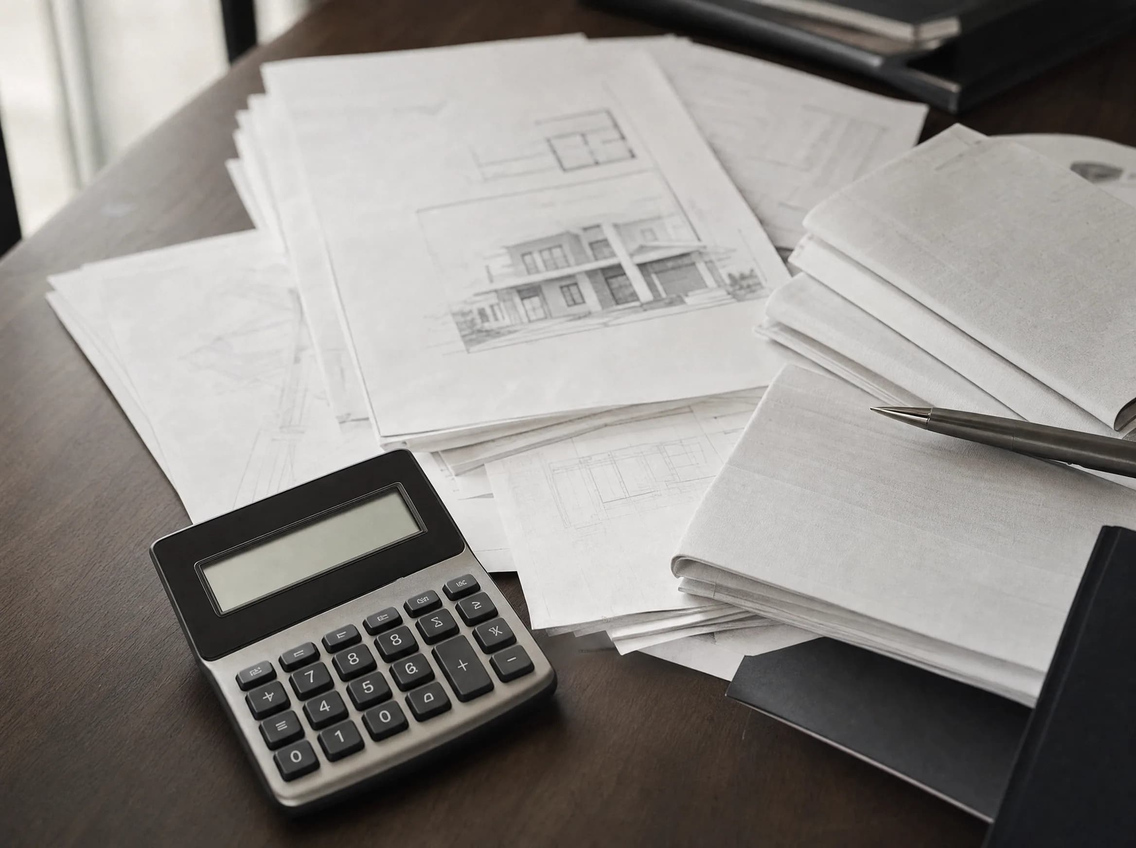 Desk with legal real estate documents, mortgage contracts, and calculator showing the closing costs of an apartment purchase