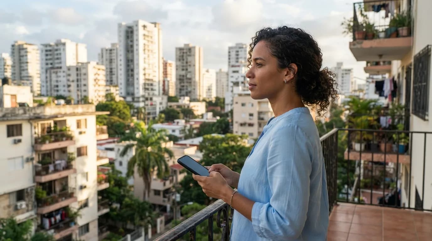 Mujer dominicana reflexionando sobre la compra de propiedad mientras observa apartamentos en Santo Domingo con su teléfono en mano