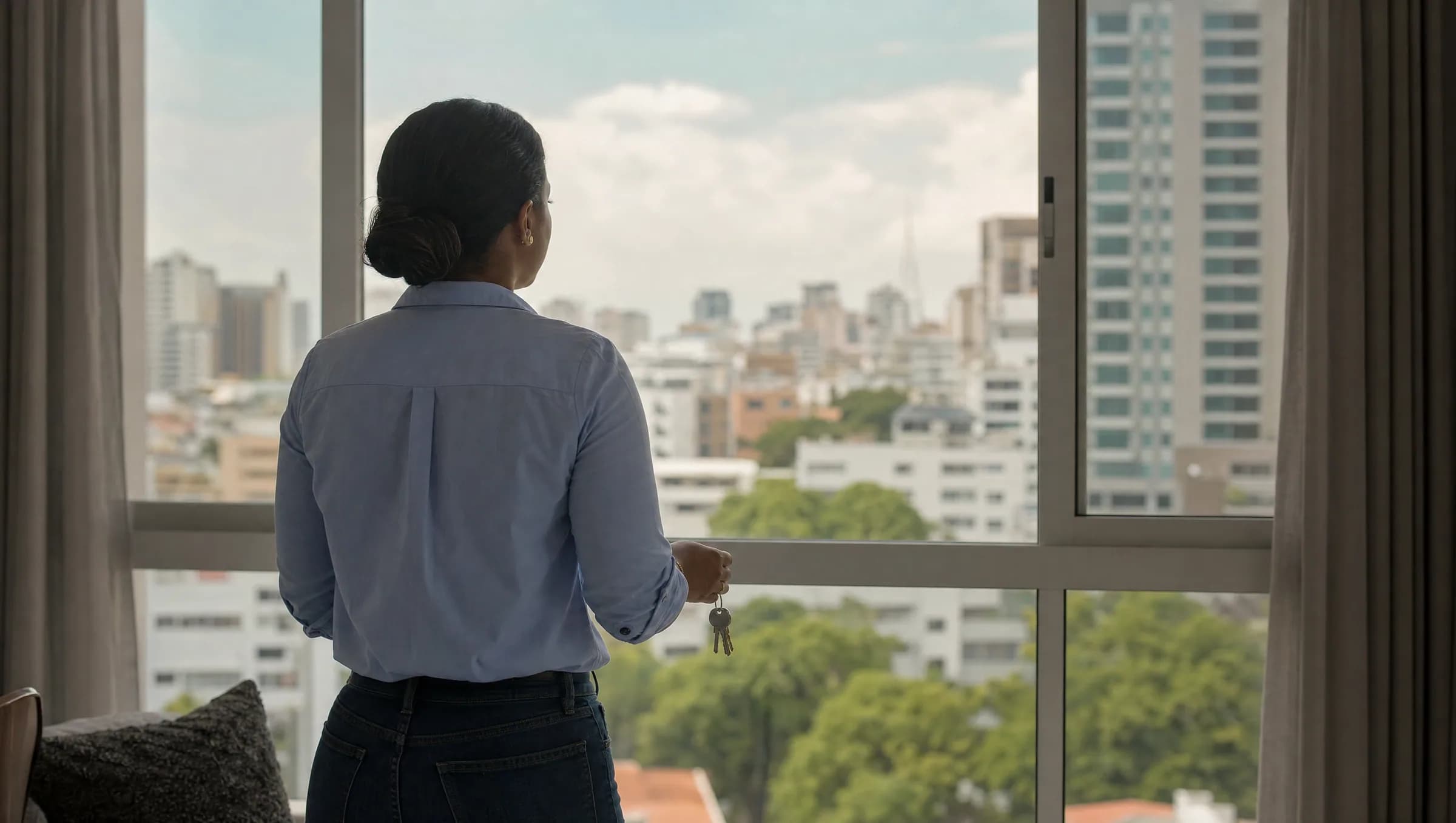 Mujer dominicana de espaldas mirando por la ventana de un apartamento en Santo Domingo, sosteniendo llaves mientras contempla la ciudad