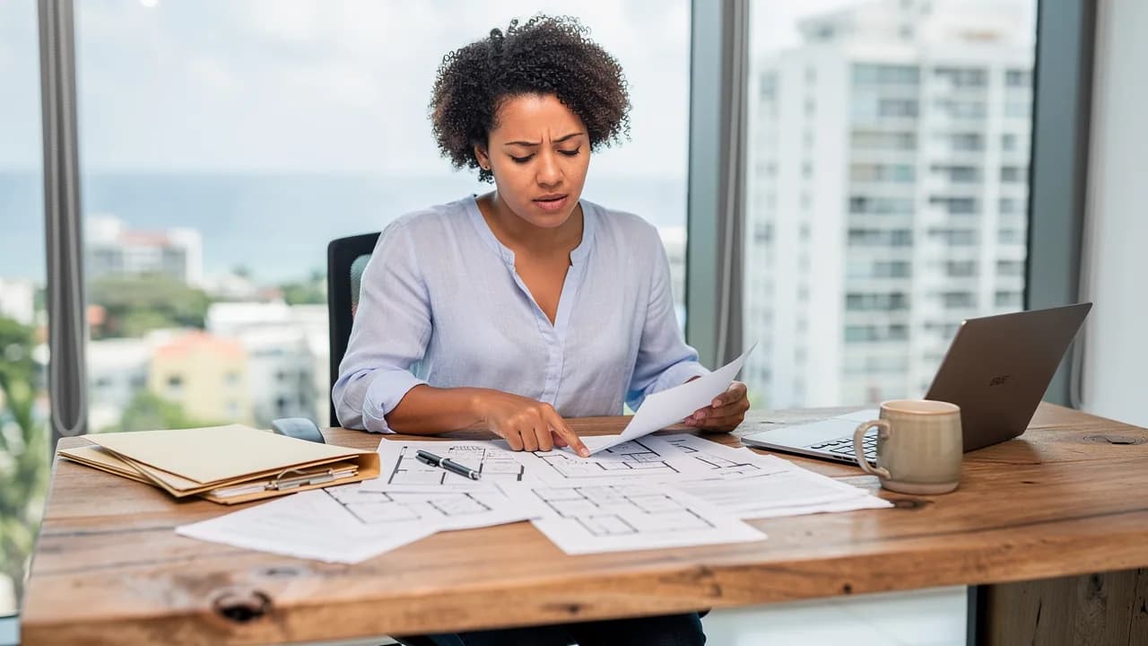 Mujer dominicana revisando documentos inmobiliarios con expresión de preocupación en oficina de bienes raíces