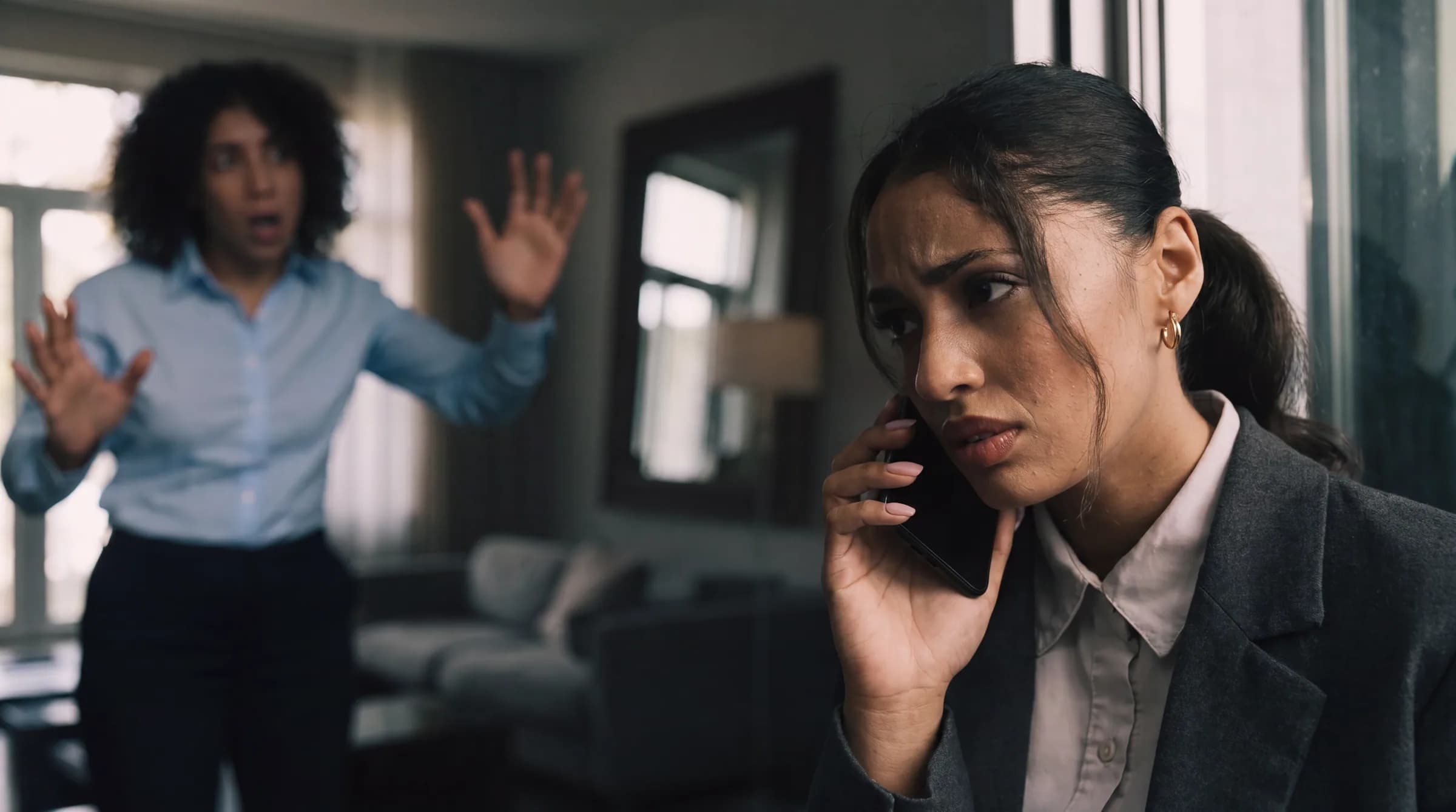 Mujer dominicana joven con expresión de preocupación durante una cita para ver apartamento, mientras un agente inmobiliario gesticula con urgencia en segundo plano