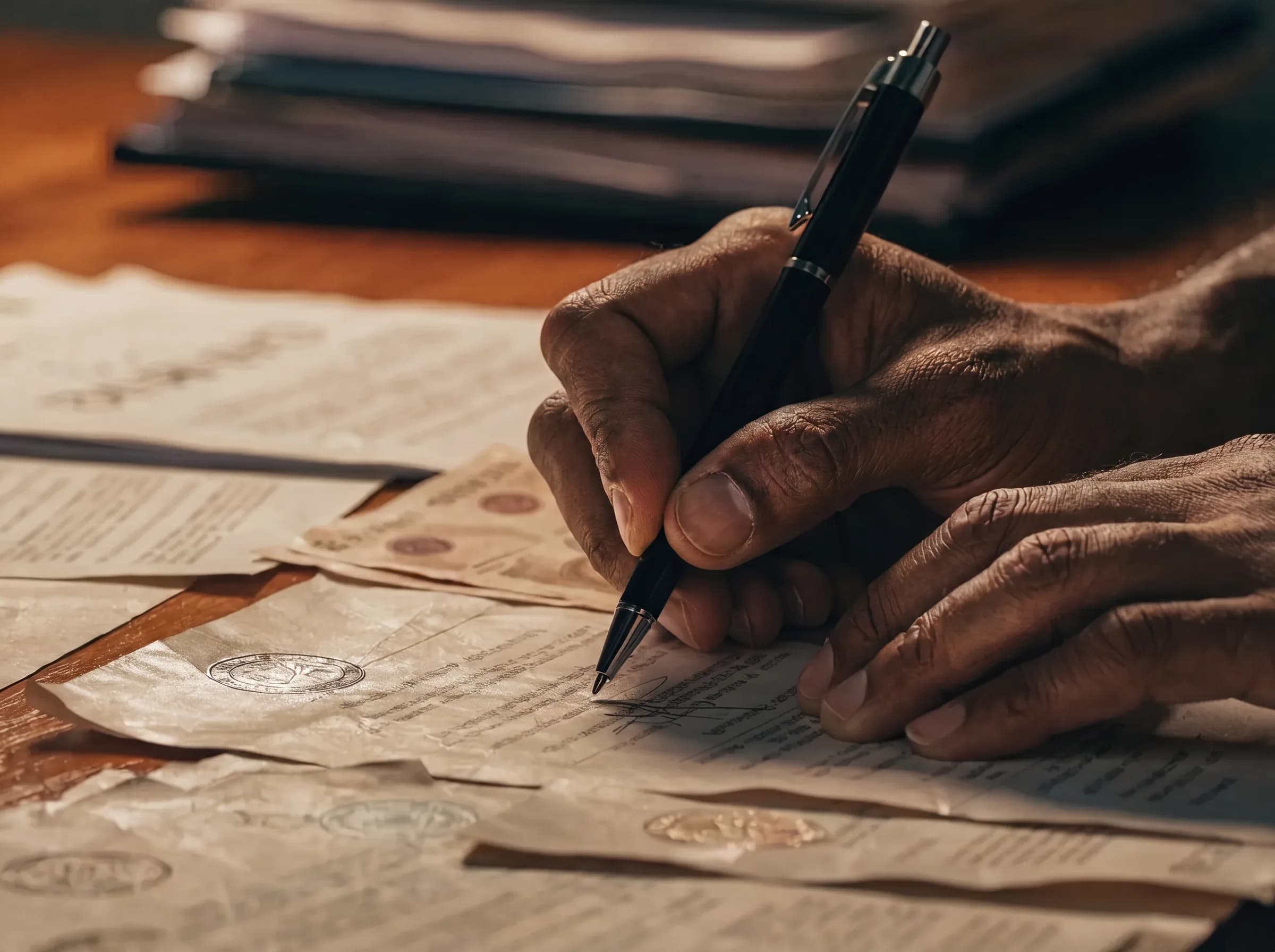 Primer plano de documentos de contrato inmobiliario y billetes dominicanos sobre escritorio, con manos sosteniendo pluma sobre línea de firma