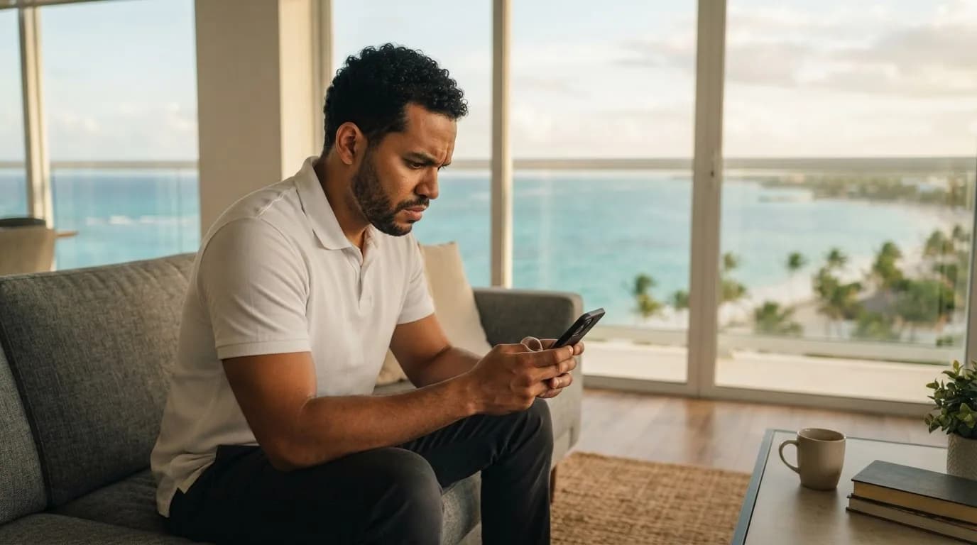 Hombre dominicano preocupado revisando mensajes en su teléfono desde un apartamento con vista al mar en Punta Cana