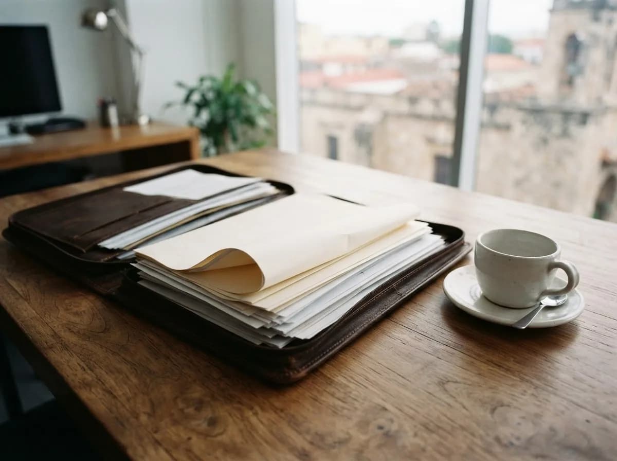 Carpeta de documentos inmobiliarios abierta junto a una taza de café en una mesa de madera en una oficina de Santo Domingo