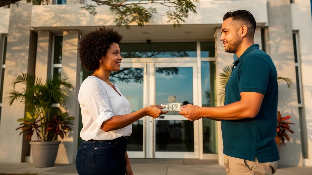 Mujer dominicana entregando dinero en efectivo a agente inmobiliario frente a edificio de apartamentos en Santiago, representando el momento crítico de entregar un depósito de garantía