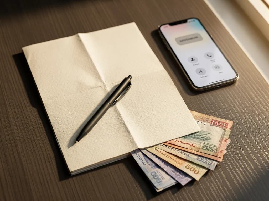 Primer plano de contrato inmobiliario doblado con billetes dominicanos y teléfono mostrando llamadas sin respuesta, simbolizando las dificultades de comunicación con agentes inmobiliarios