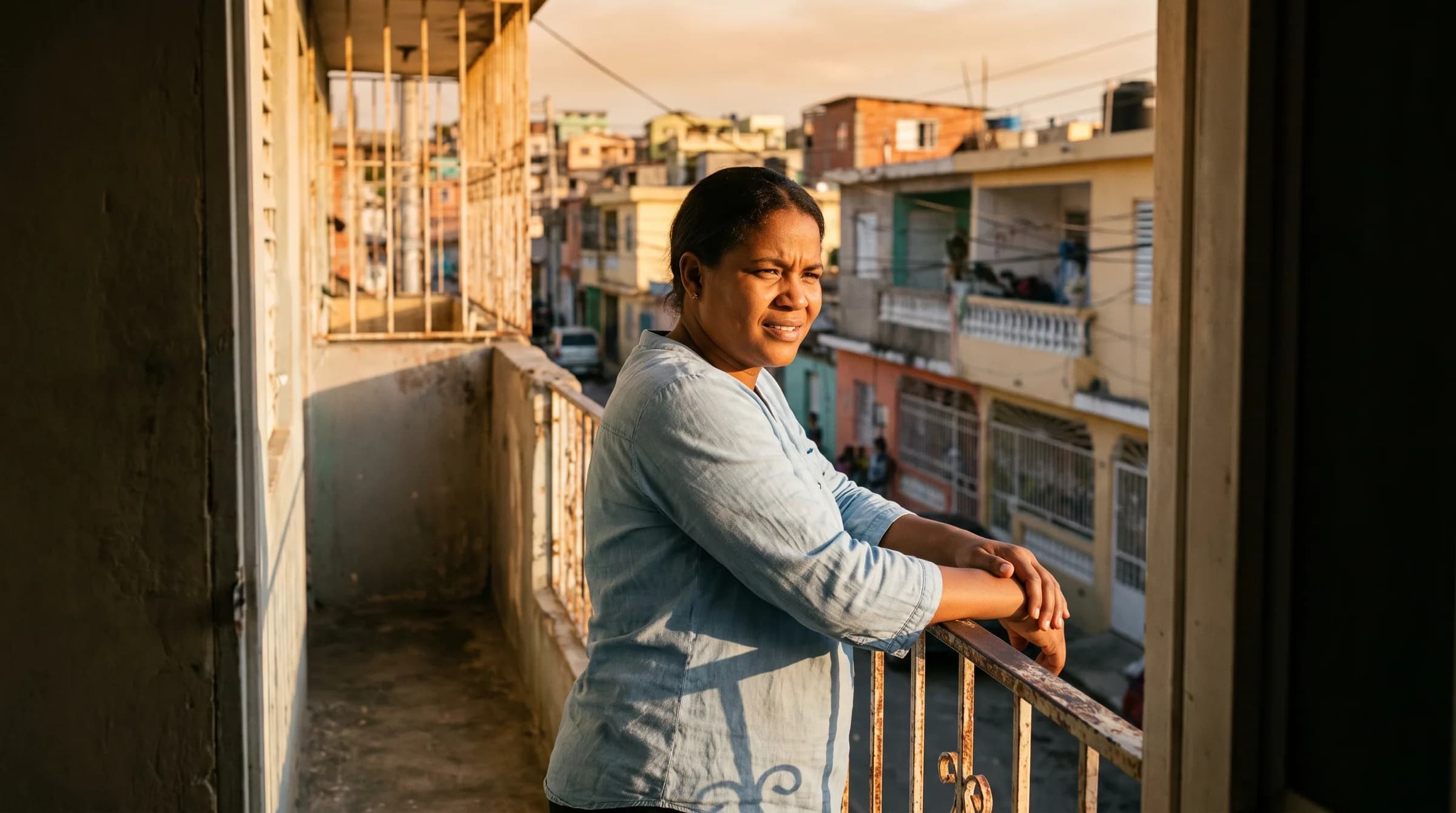 Mujer dominicana en el balcón de un apartamento modesto en Villa Mella, con expresión reflexiva mientras contempla el horizonte al atardecer