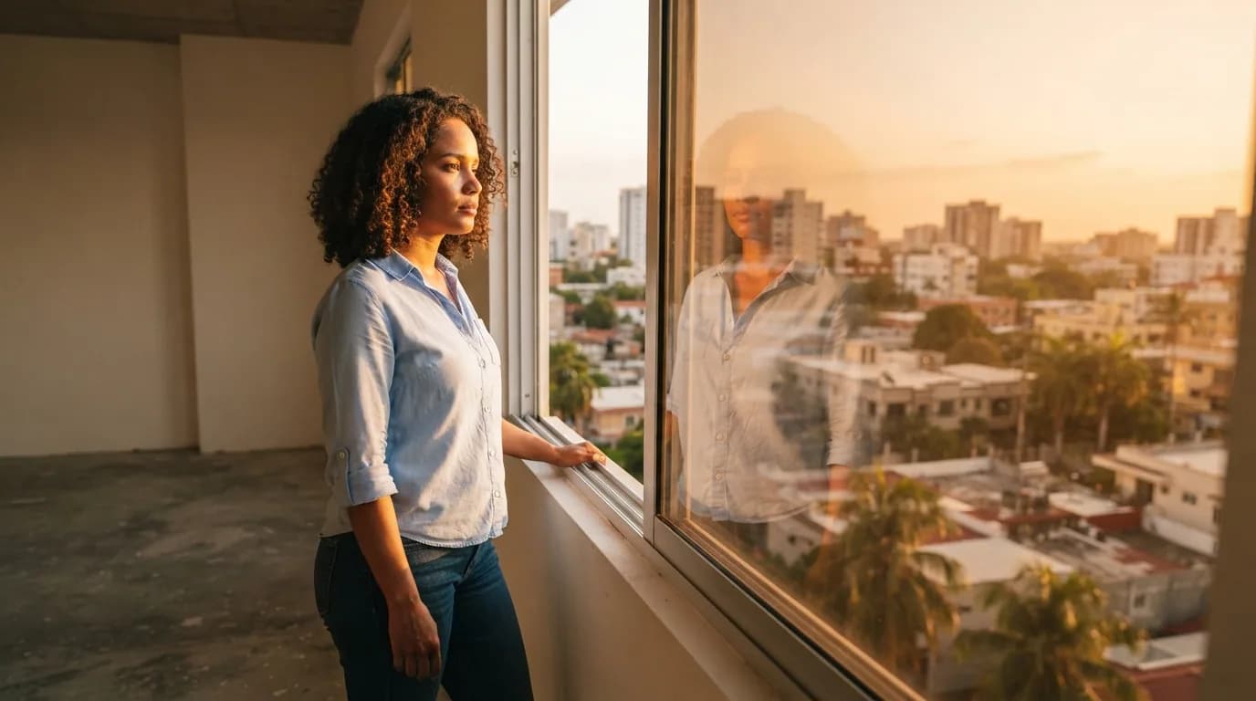 Mujer dominicana contemplando desde la ventana de un apartamento vacío con luz dorada del atardecer, evocando el momento de decisión al evaluar una propiedad económica
