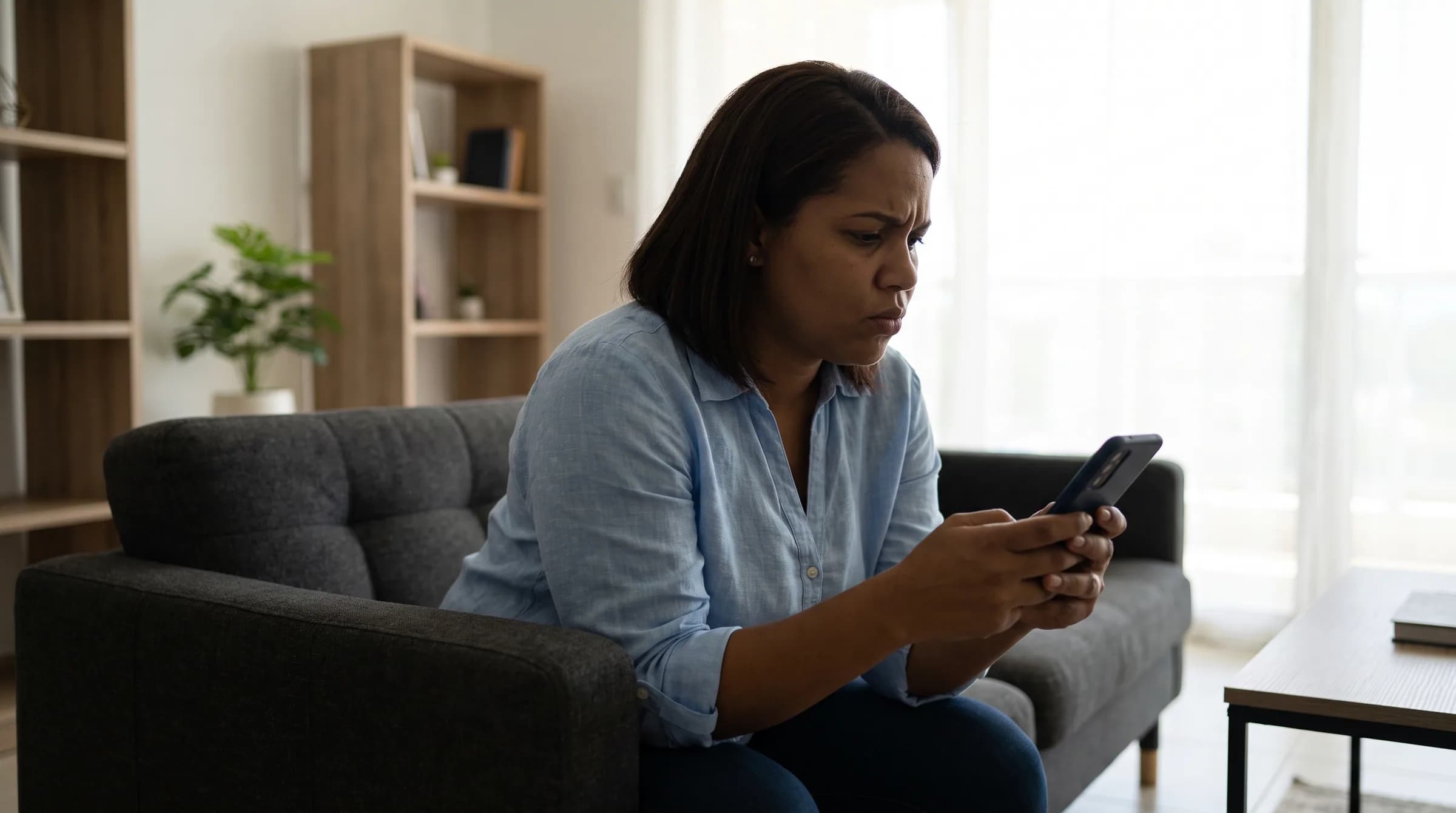 Mujer dominicana revisando con expresión de sospecha anuncios de apartamentos en su teléfono desde su sala en Santo Domingo Este