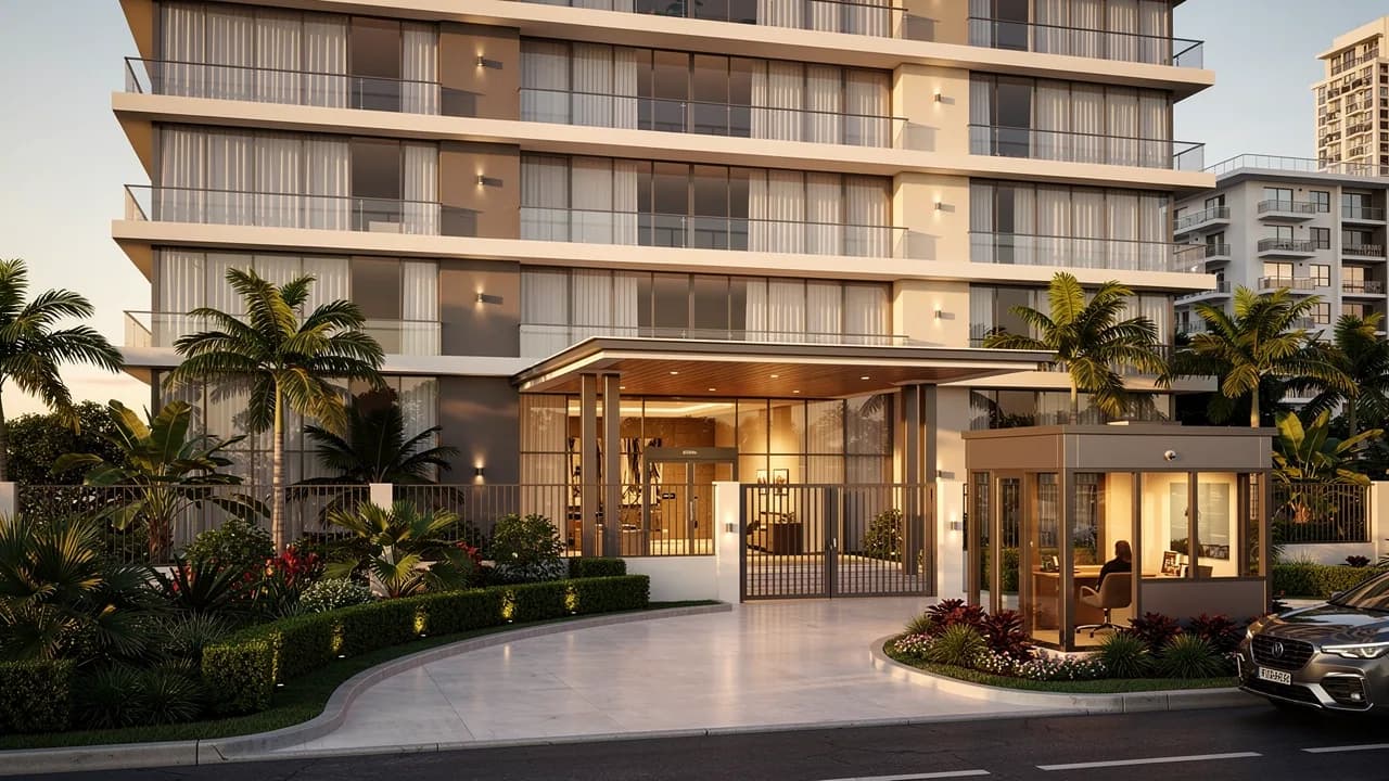 Fachada de condominio bien mantenido en Piantini con jardines cuidados, garita de seguridad y áreas comunes impecables