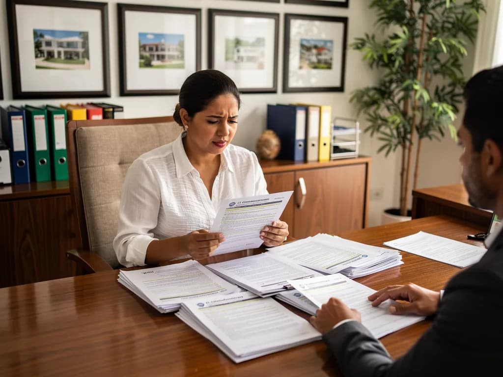 Dominican woman buyer reviewing condominium management documents with real estate agent in a professional office