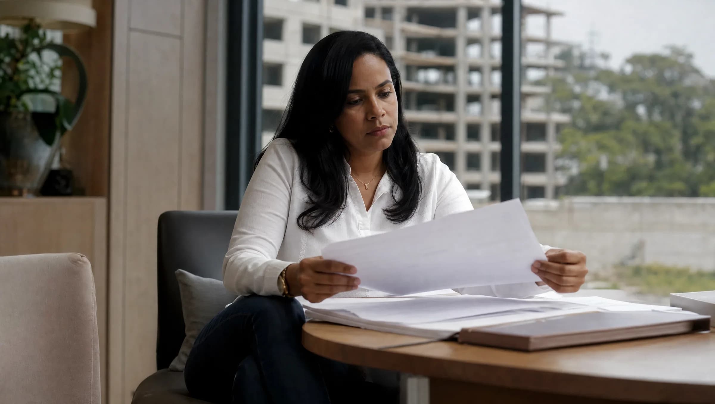 Mujer dominicana revisando documentos legales en una oficina con vista a construcción de apartamentos en Santiago