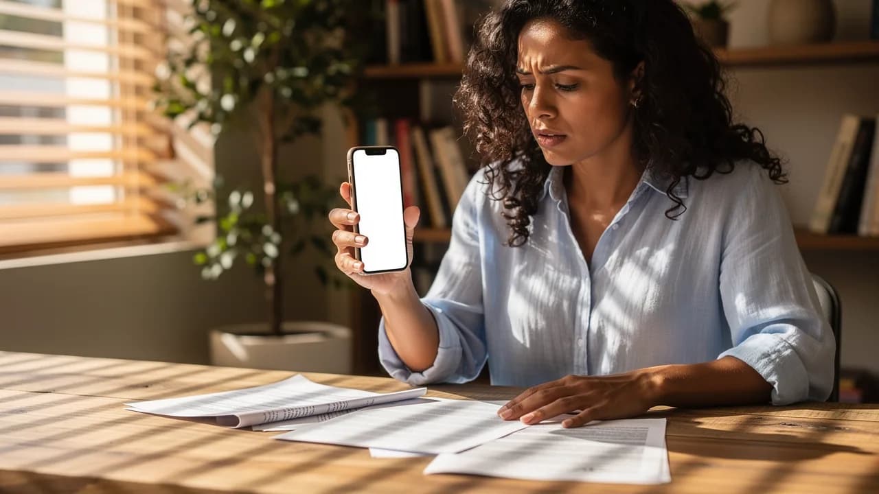 Mujer dominicana revisando mensaje de WhatsApp sobre separación de propiedad mientras examina documentos inmobiliarios en Santiago