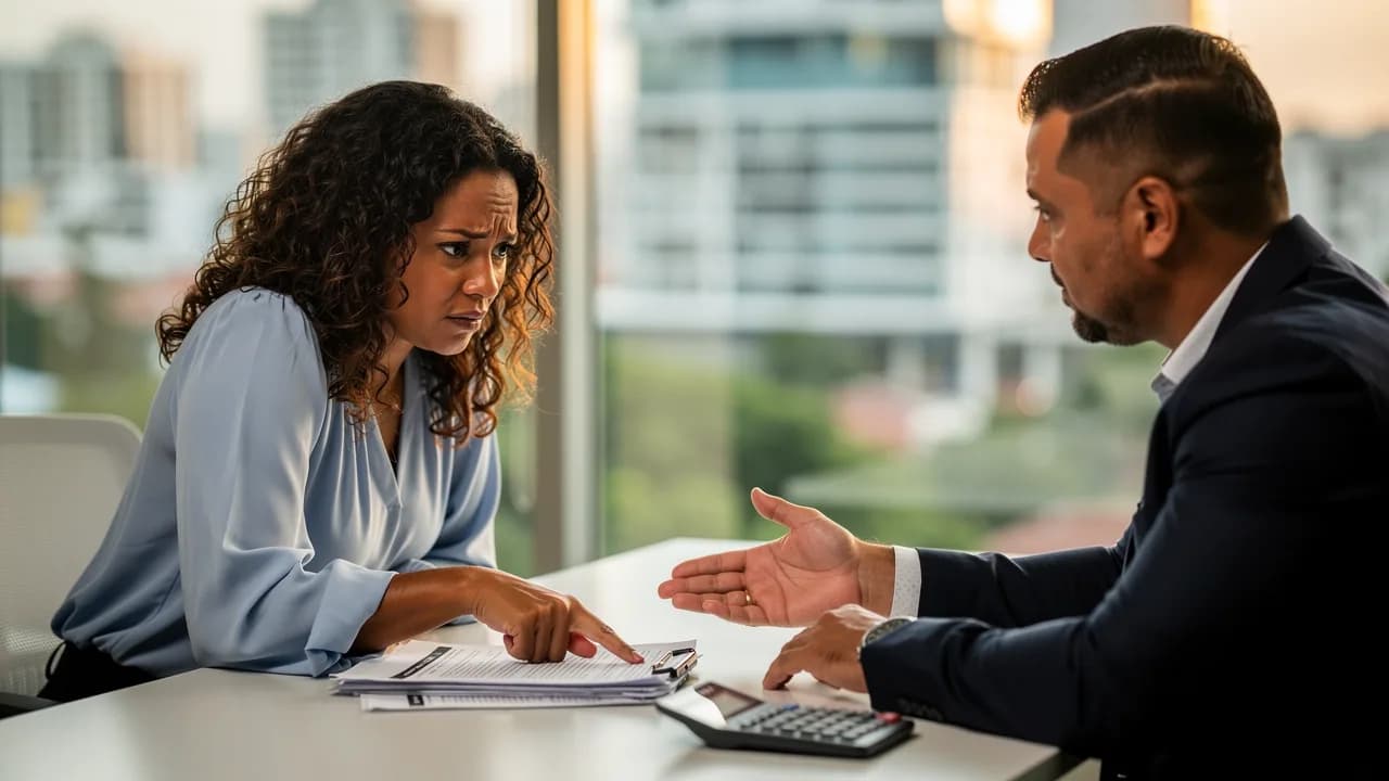 Mujer dominicana conversando con agente inmobiliario sobre tasas de interés hipotecarias en oficina moderna de Santiago