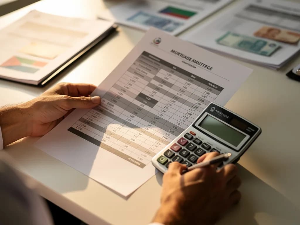 Hands reviewing mortgage amortization table with calculator showing different monthly payment scenarios