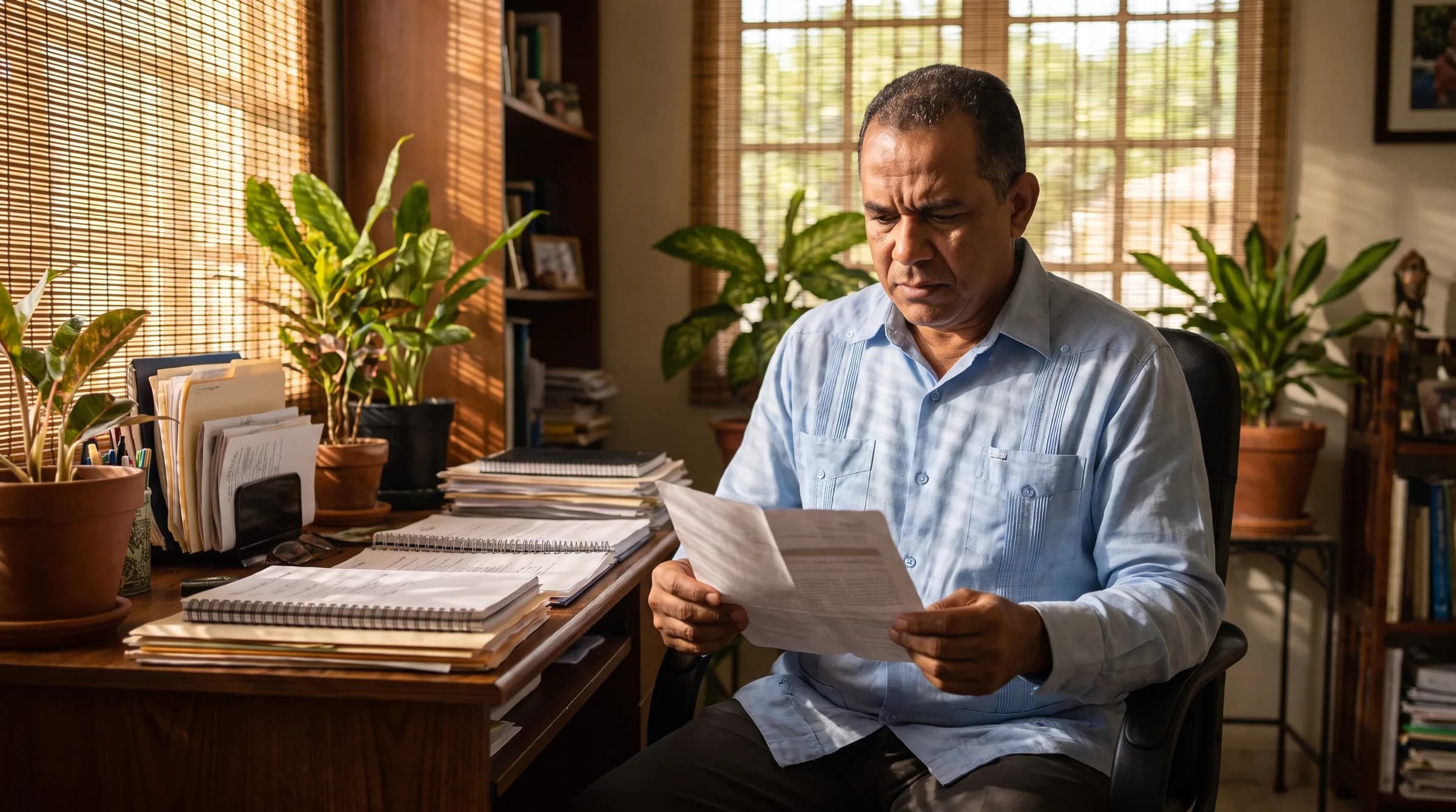 Hombre dominicano de mediana edad reflexionando sobre documentos legales en su oficina casera en Santiago, considerando la importancia de hacer un testamento para proteger su patrimonio inmobiliario