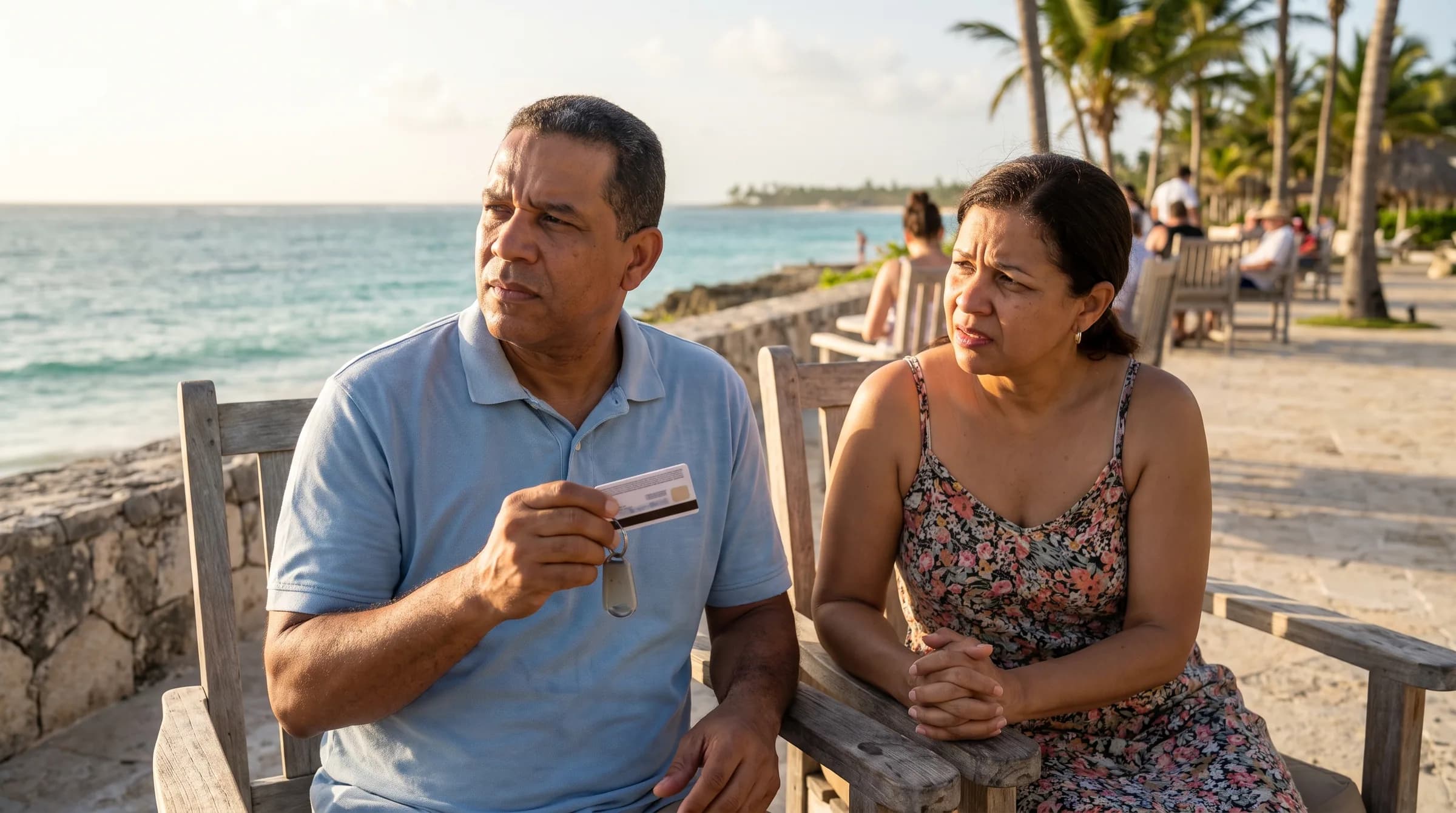 Pareja dominicana sentada en terraza de resort mirando al mar mientras reflexiona sobre su decisión de compra de timeshare, con expresiones pensativas al atardecer