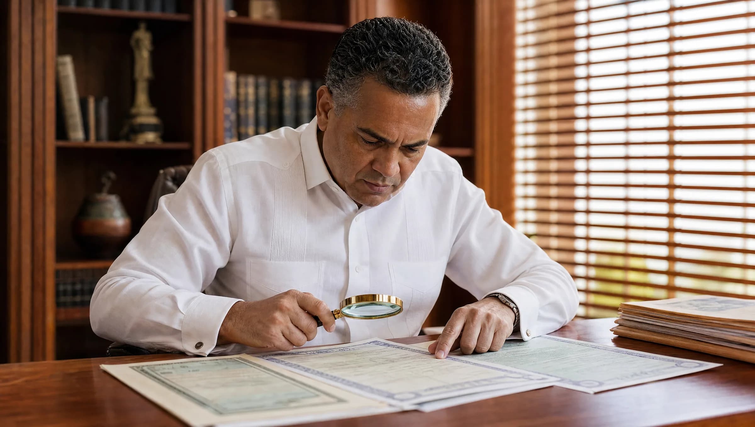 Hombre dominicano revisando cuidadosamente documentos de propiedad en una oficina notarial en Santiago, representando la importancia de verificar títulos antes de comprar