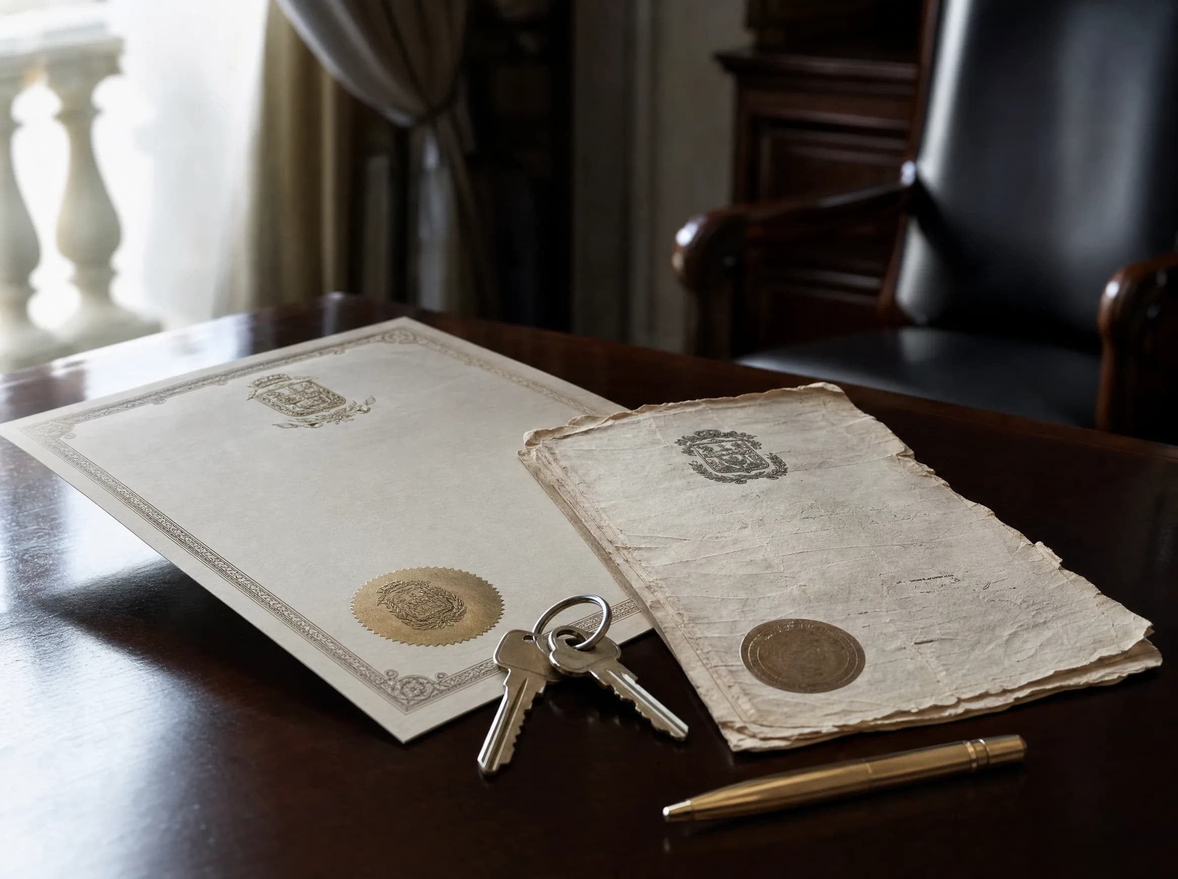 Documentos de propiedad dominicanos contrastando un certificado de título oficial con papeles de posesión informal sobre un escritorio, ilustrando las diferencias legales críticas