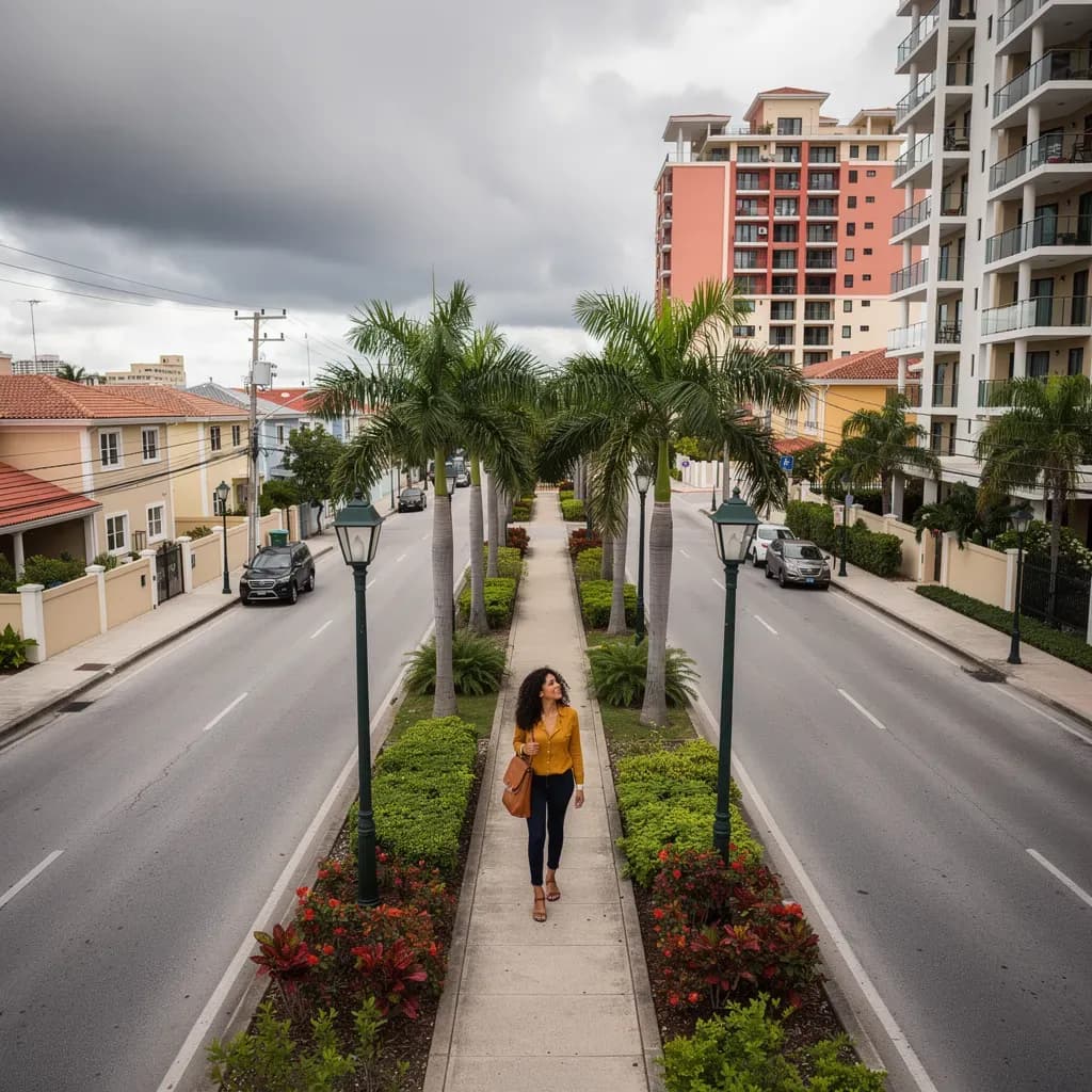 Mujer dominicana observando edificios residenciales en Santo Domingo mientras busca propiedades para comprar