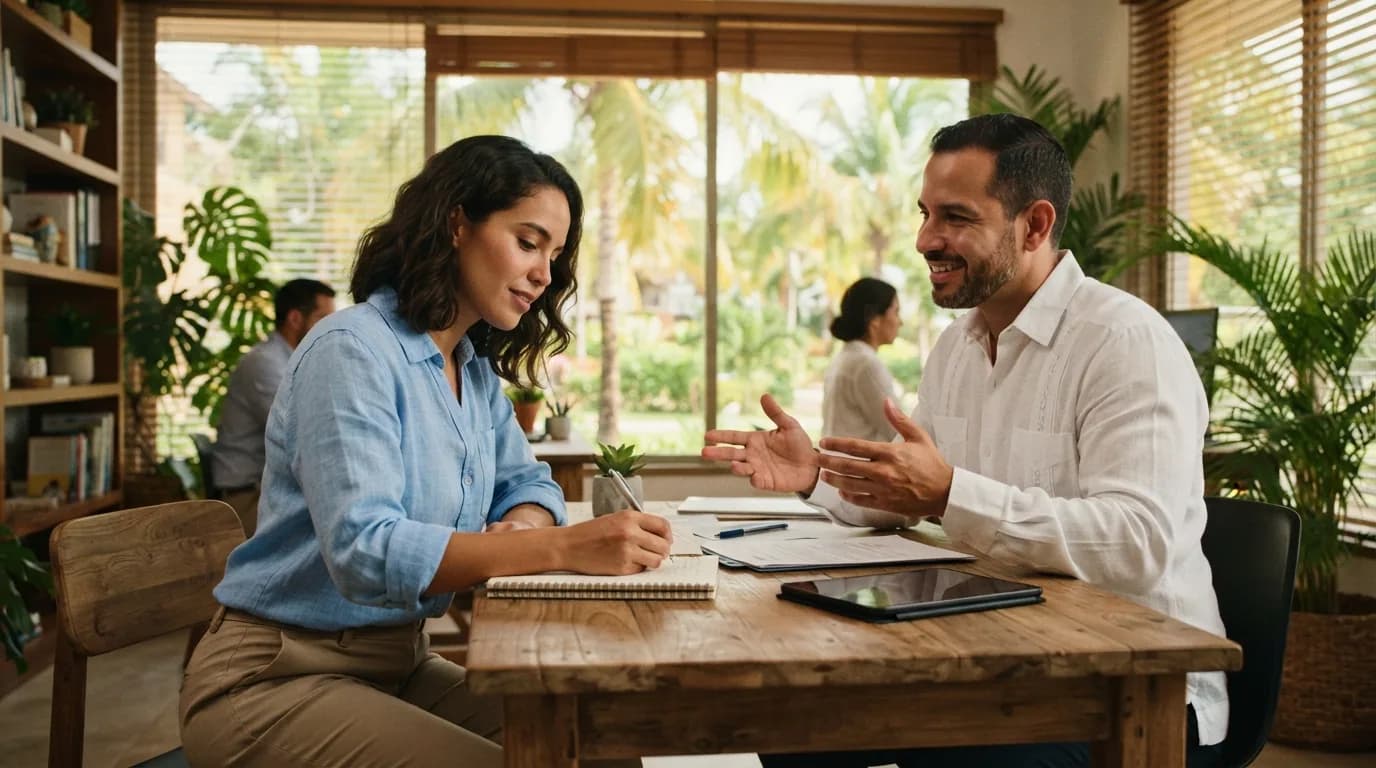 Una mujer dominicana escucha atentamente las explicaciones de un agente inmobiliario en una oficina moderna de Punta Cana, mientras toma notas en su cuaderno durante una consulta sobre propiedades