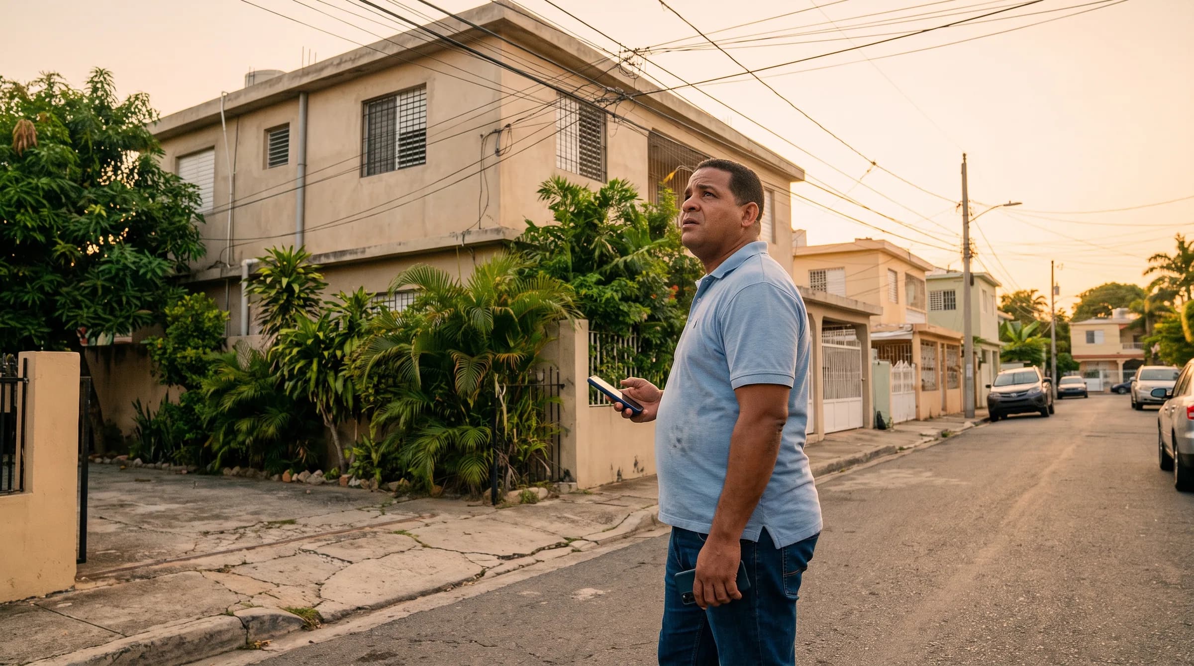 Hombre dominicano preocupado observando una casa en Santiago mientras consulta su teléfono móvil, evaluando una propiedad inmobiliaria
