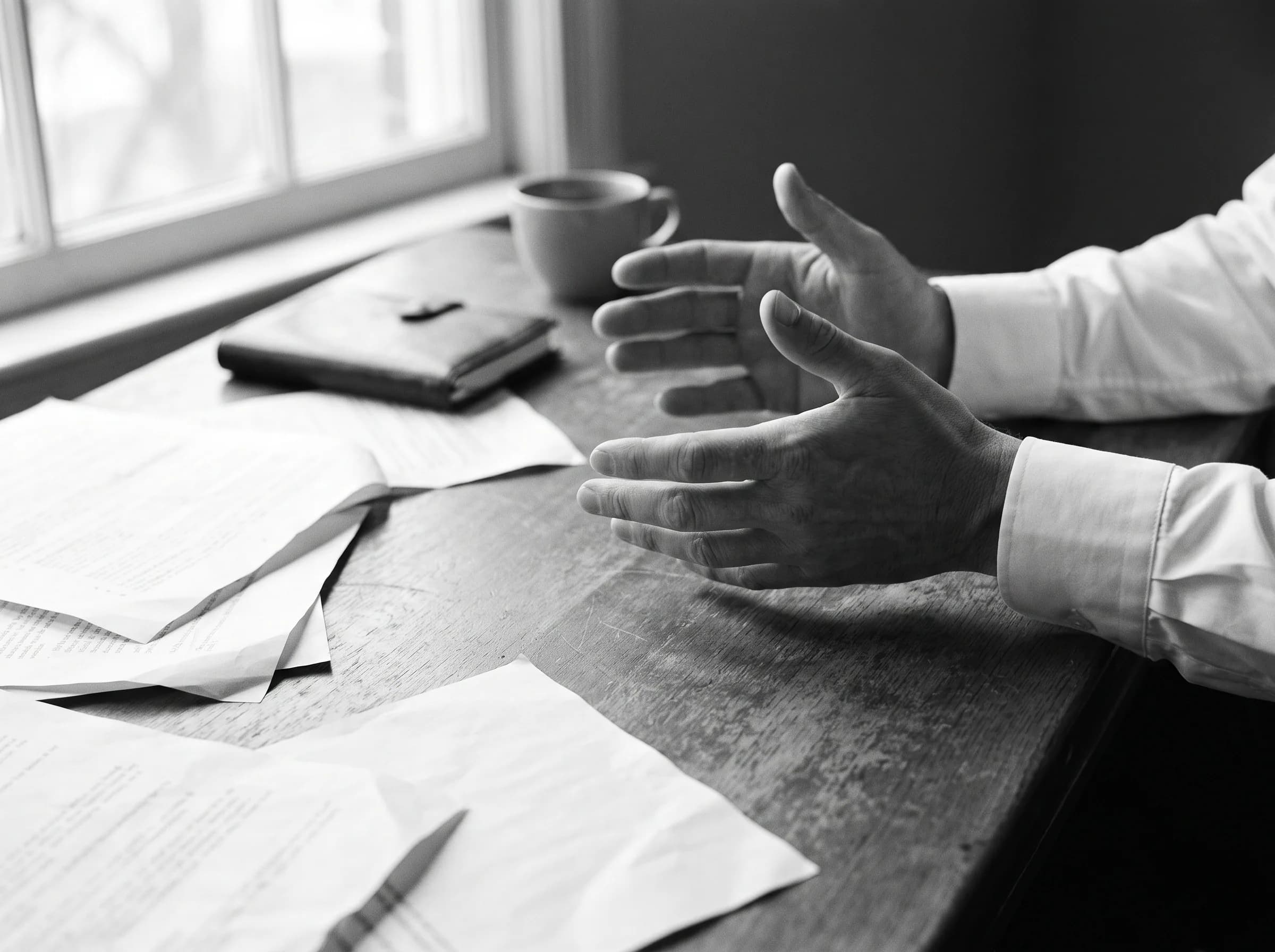 Real estate agent's hands on documents at desk, showing evasive gestures while keeping official paperwork contents hidden
