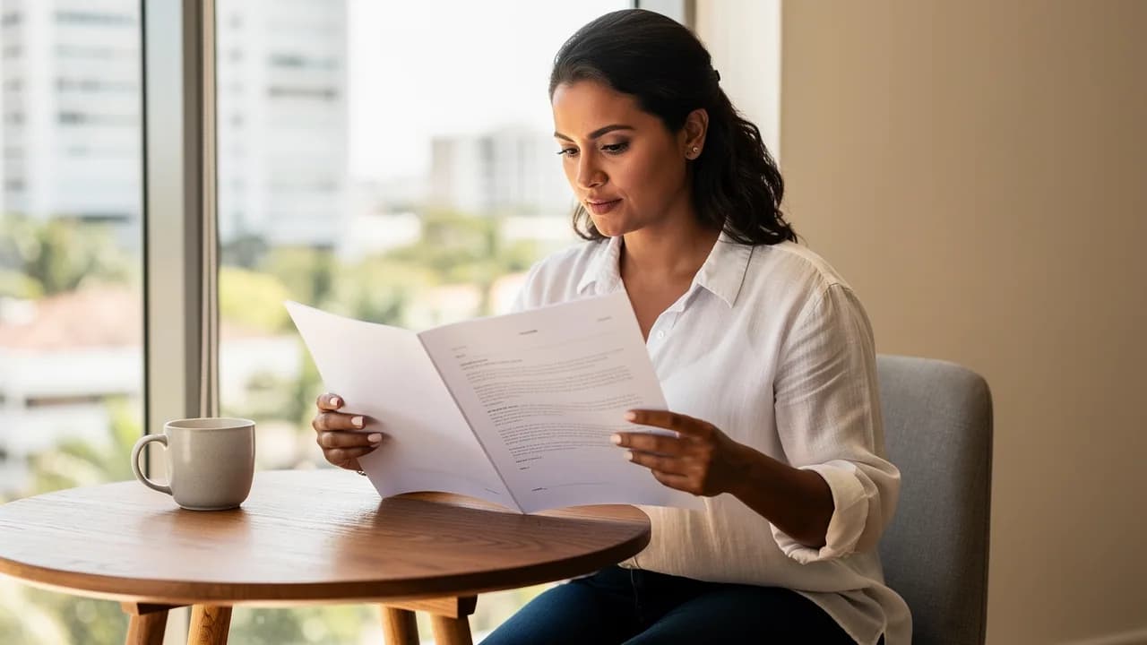 Mujer dominicana revisando contrato de alquiler con expresión tranquila y confiada en apartamento moderno de Piantini
