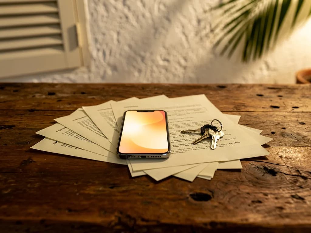 Teléfono móvil mostrando mensaje de WhatsApp junto a contrato de alquiler y llaves de apartamento sobre mesa de madera