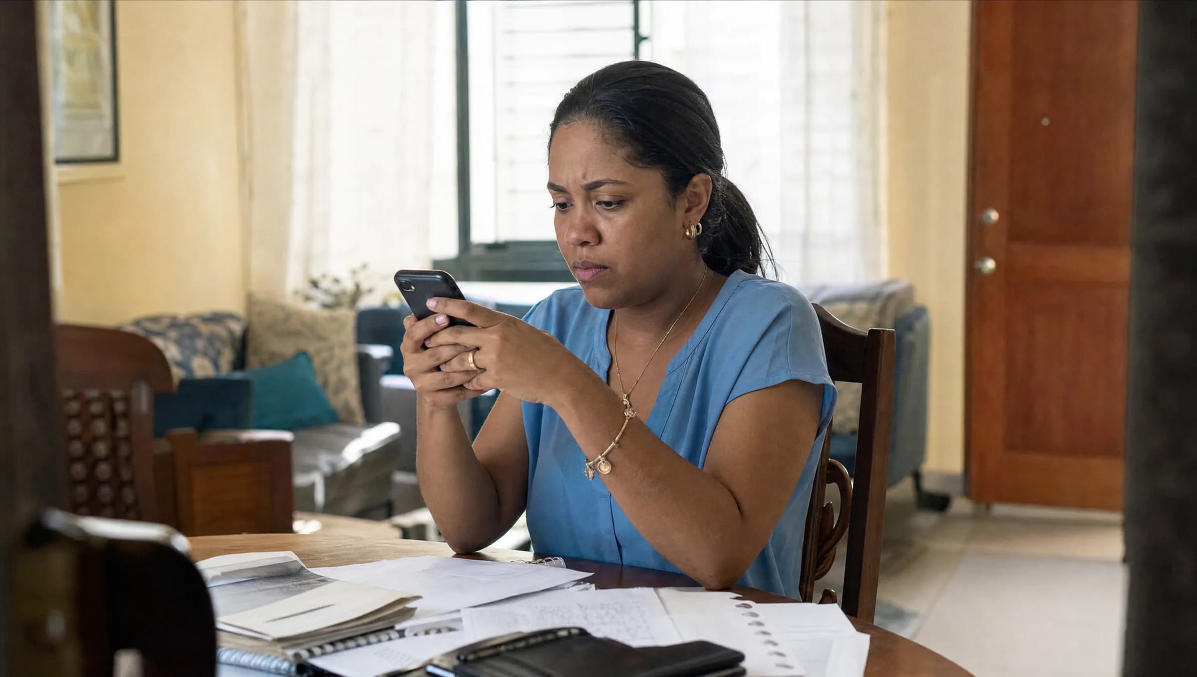 Mujer dominicana revisando mensajes en su teléfono con expresión preocupada, rodeada de papeles en su apartamento en Santiago