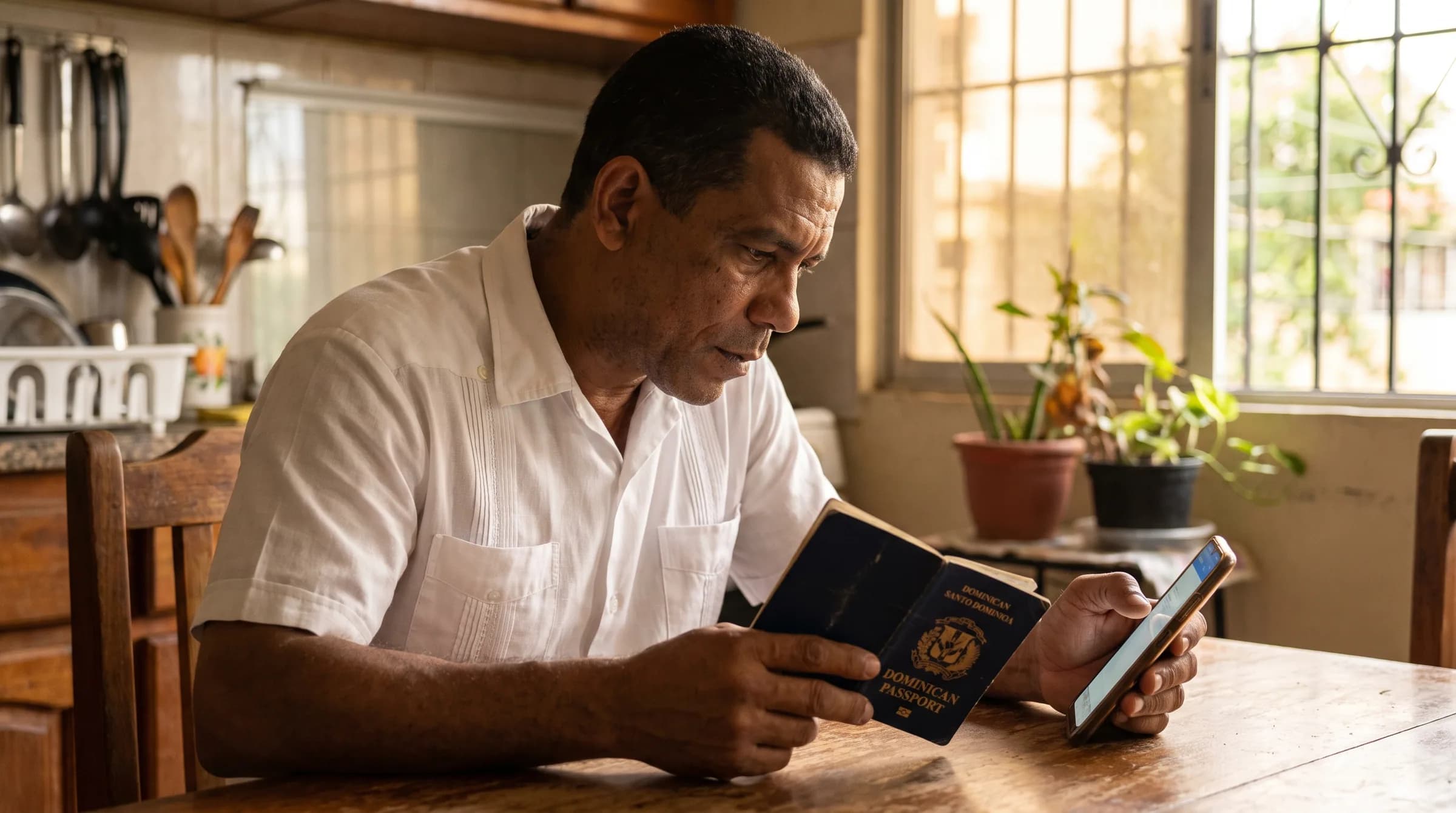 Hombre dominicano revisando su pasaporte mientras usa su teléfono para una sesión de video-notarización desde el extranjero