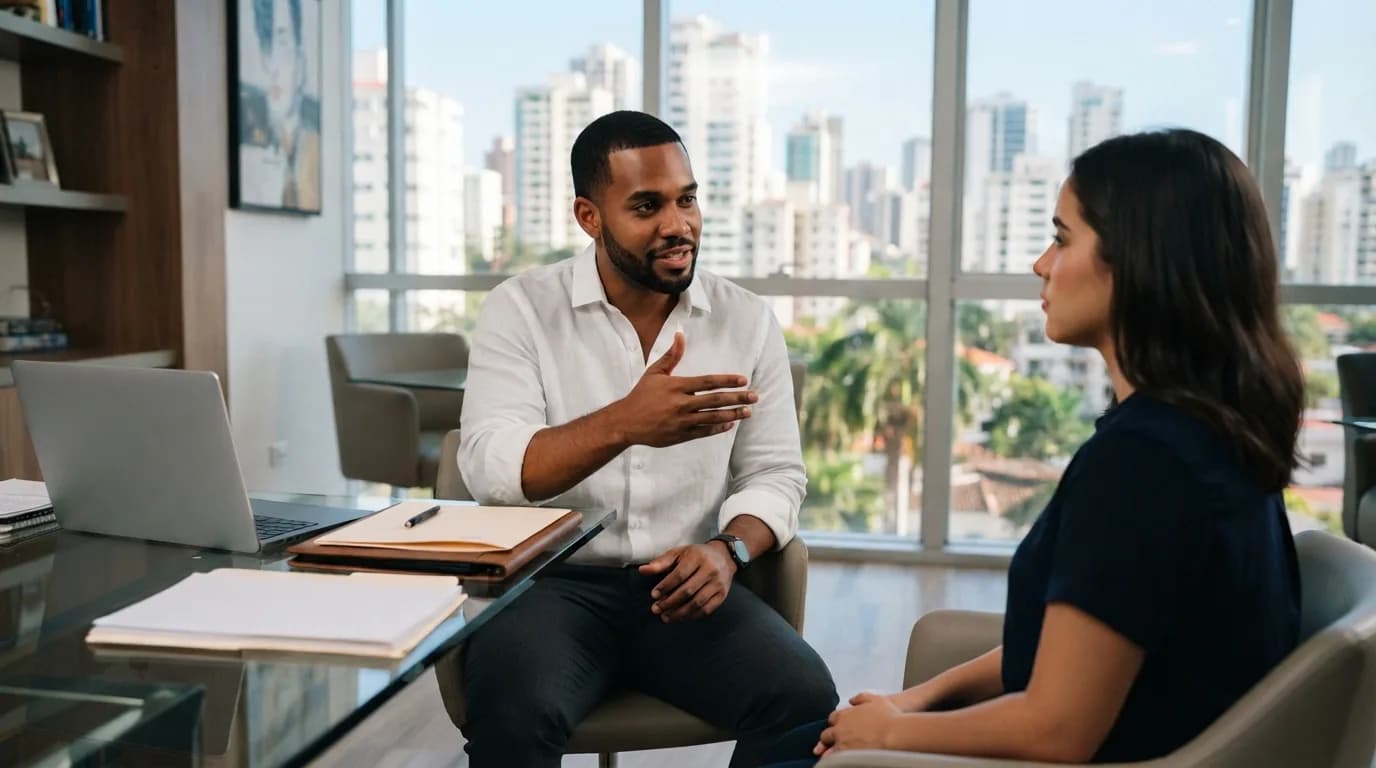 Agente inmobiliario dominicano verificado en consulta profesional con cliente en oficina moderna de Piantini, Santo Domingo