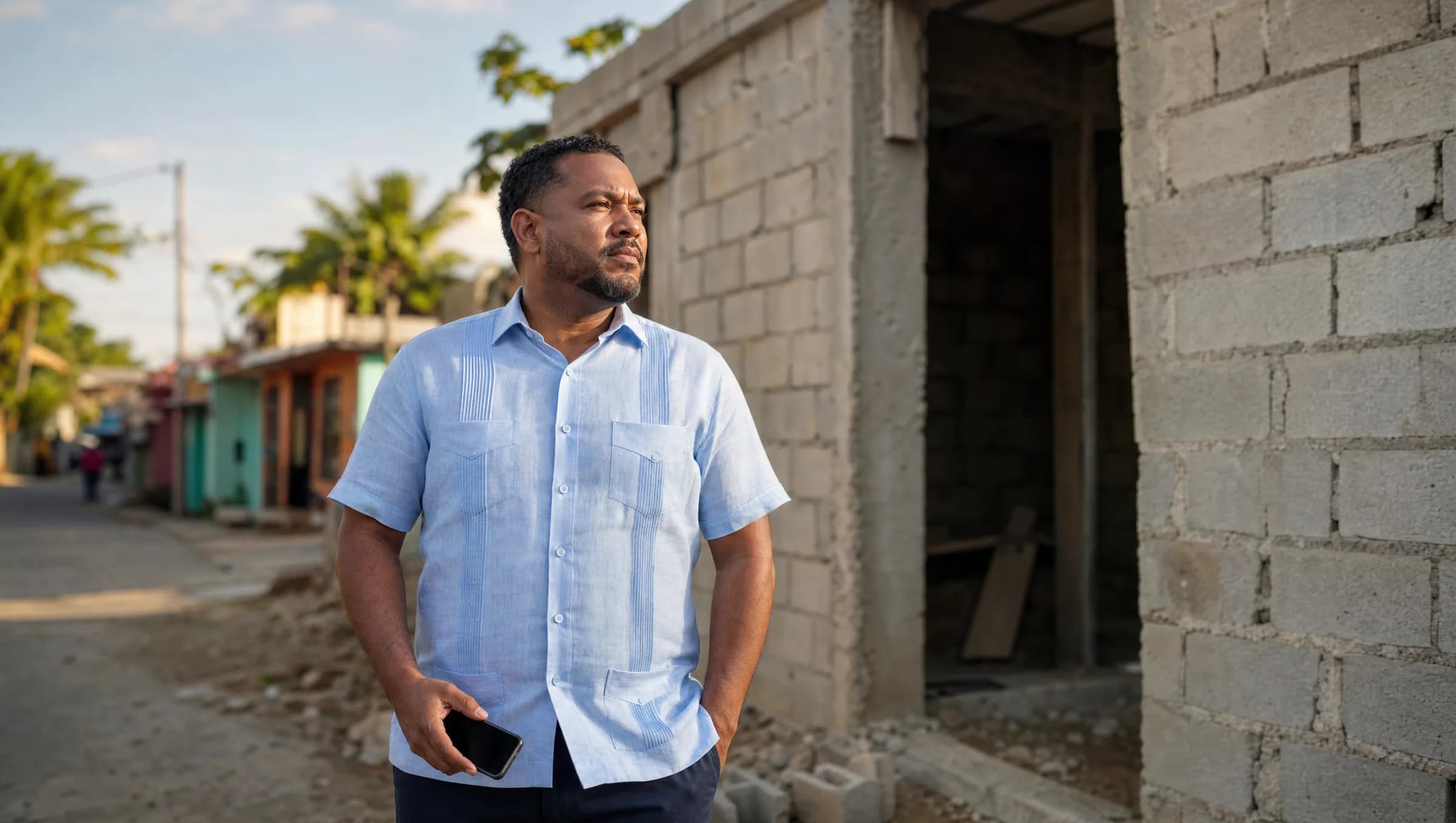 Hombre dominicano contemplando su futuro hogar en construcción en Santiago, reflexionando sobre decisiones de visa y financiamiento