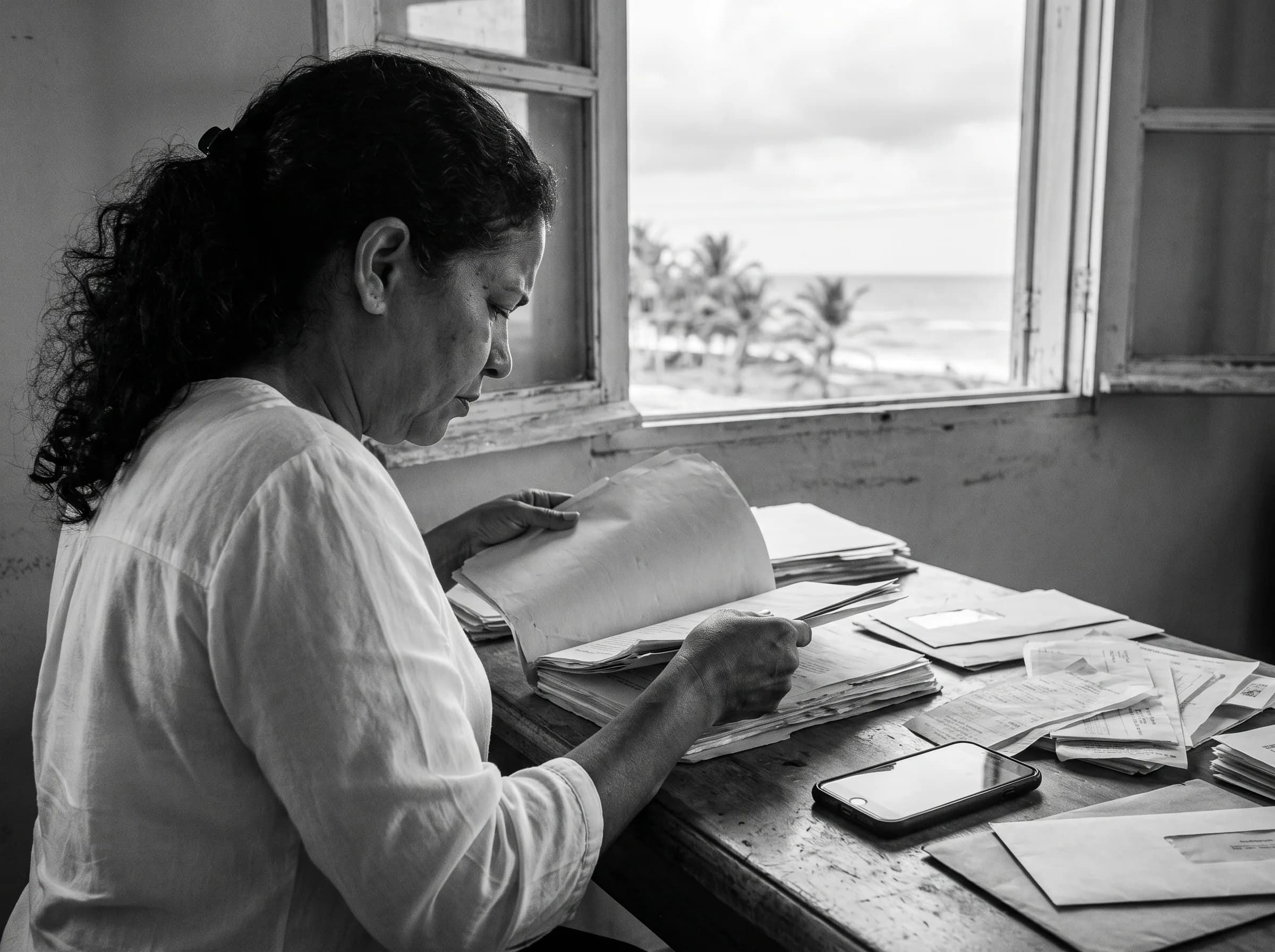 Dominican woman organizing financial documents at her desk with a coastal view, focused on reviewing paperwork for mortgage financing