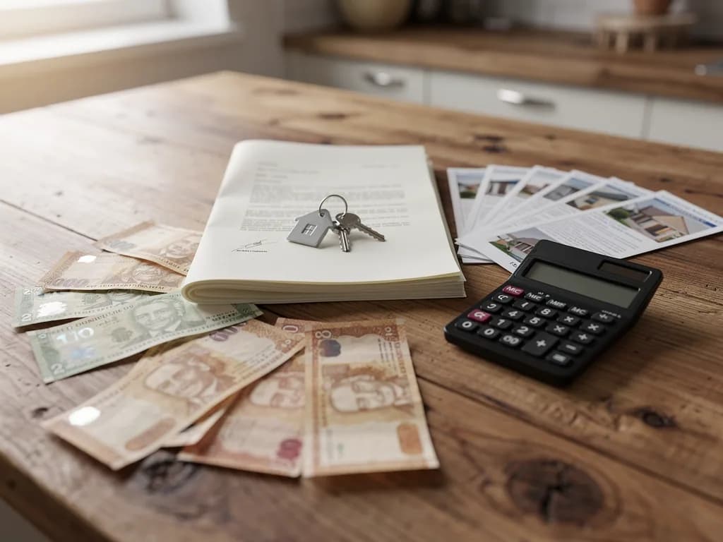 Primer plano de llaves de casa sobre billetes dominicanos y documentos inmobiliarios, simbolizando la búsqueda de vivienda accesible en Santiago